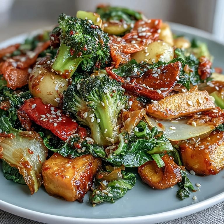 Genießen Sie diese vitale fermentierte Gemüse-Winter-Pfanne mit süßen Kartoffeln.