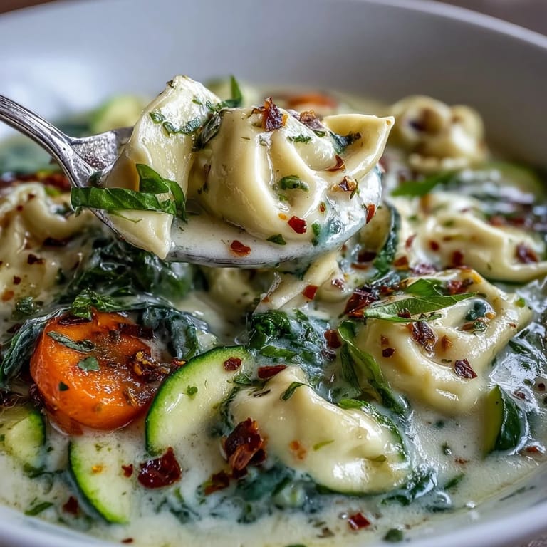 Warme Cremige Gemüse Tortellini Suppe mit Kräutern und knusprigem Brot serviert