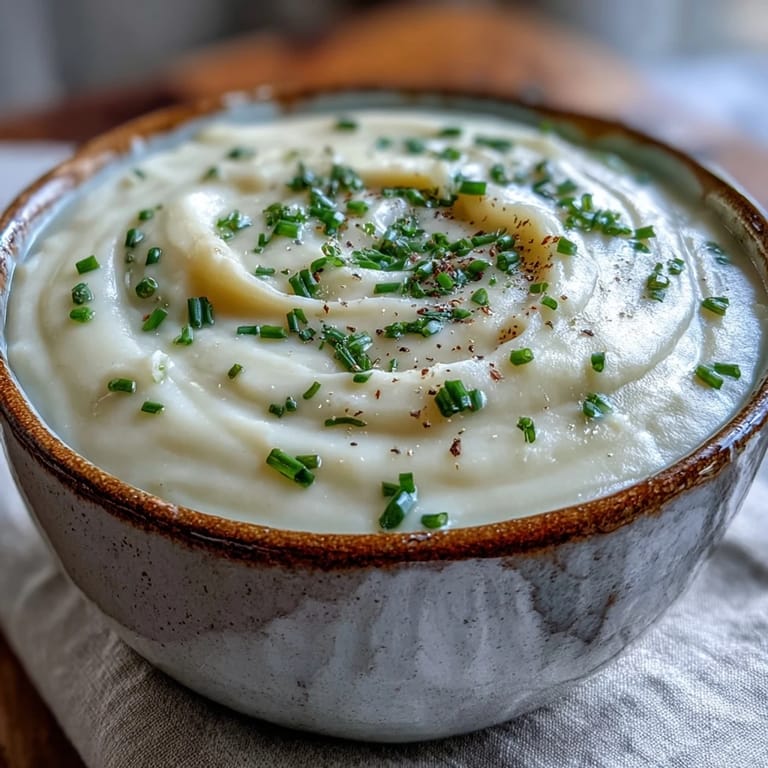 Smooth Creamy Celery Root Bisque in a matte ceramic bowl, garnished with parsley and pepper, ready to serve as a French-inspired soup.