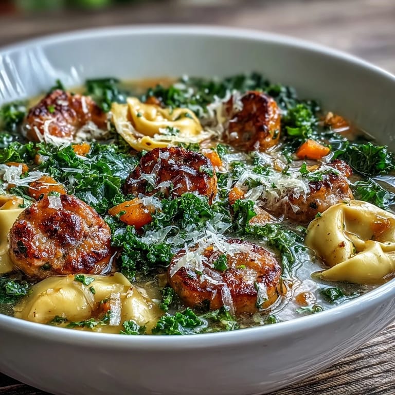 Steaming bowl of Pumpkin Tortellini Soup with Chicken Sausage and Kale garnished with parsley and grated Parmesan cheese.