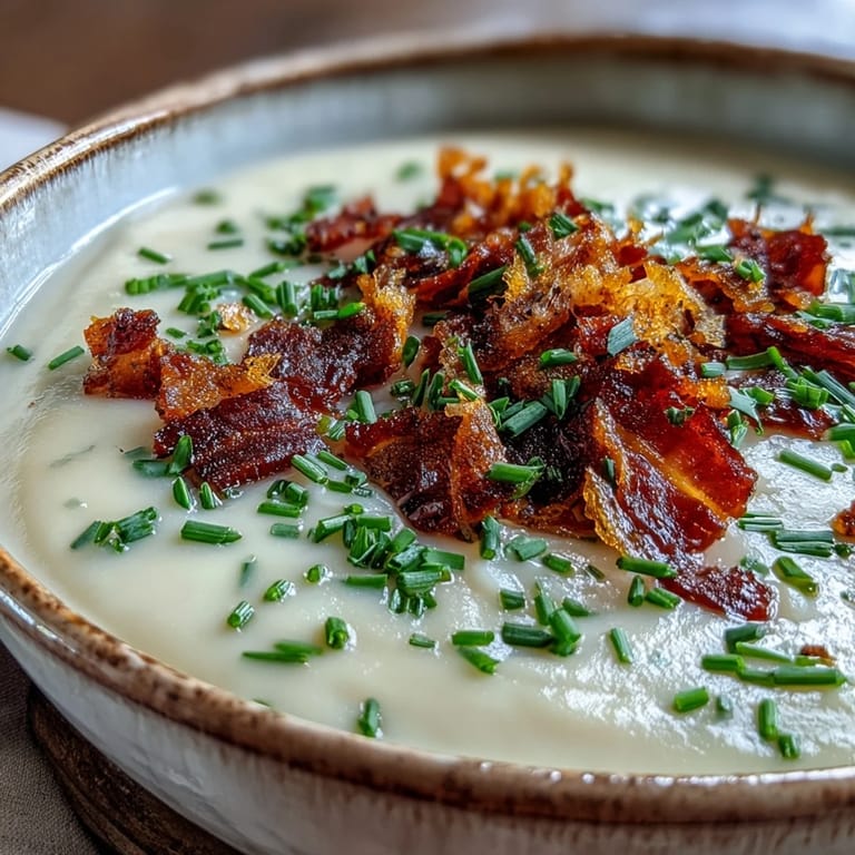 Cremige Celeriac Soup mit knusprigem Bacon, serviert neben Brot und Weißwein für ein herbstliches Menü.