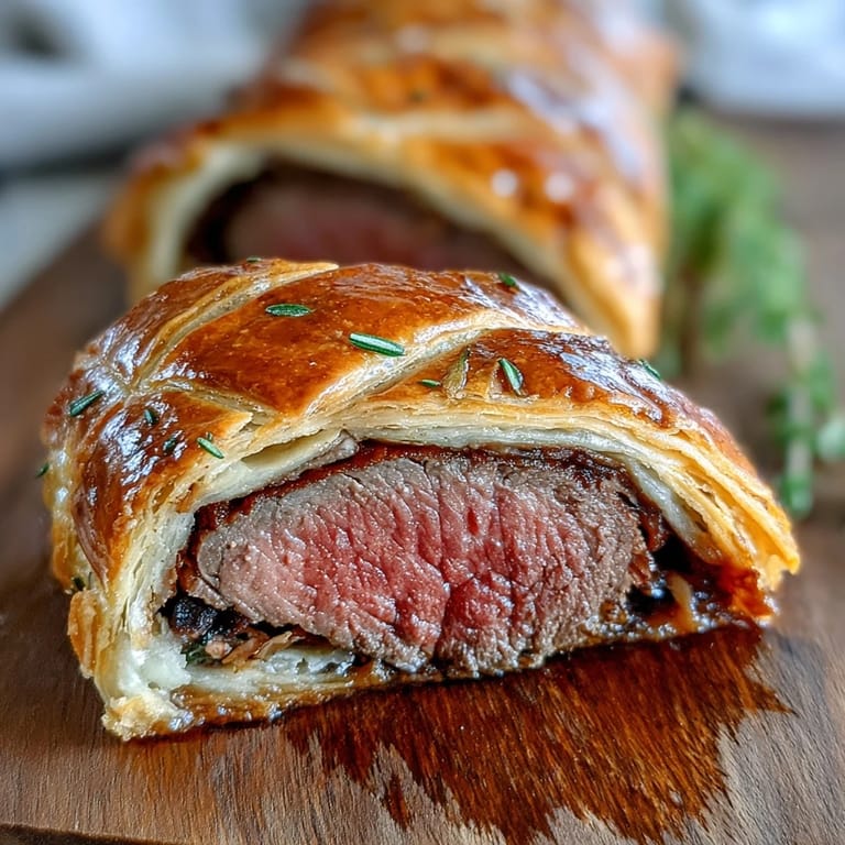 Classic Beef Wellington with a crisp pastry crust and rich mushroom duxelles, ideal for holiday dinners.