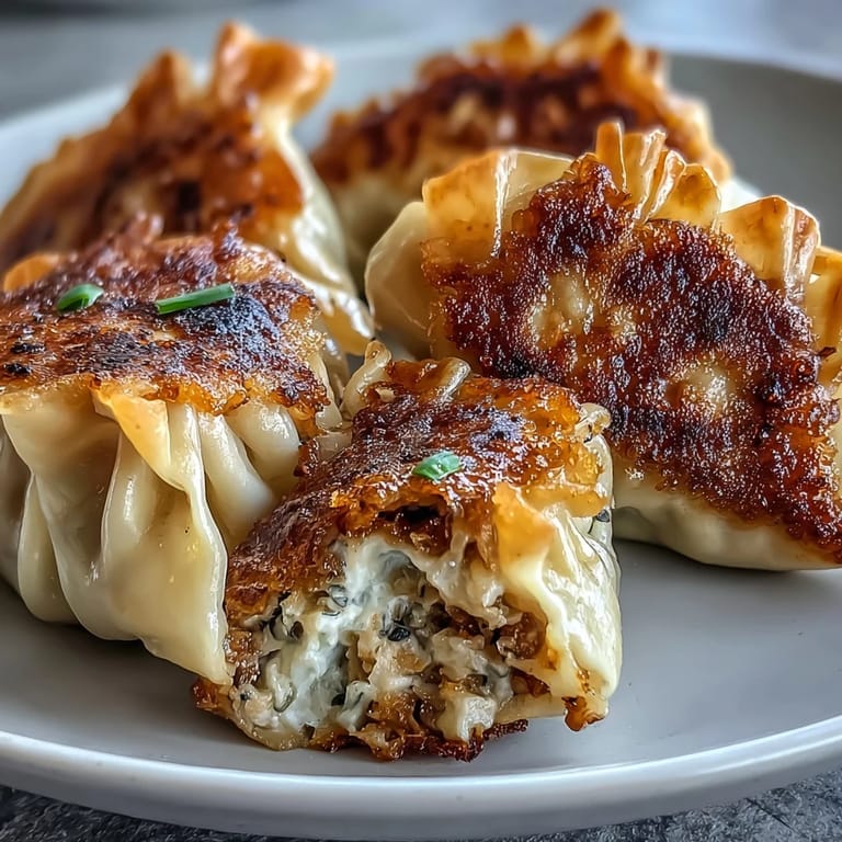 Zwei leckere Smash Dumplings auf Teller mit würziger Soja-Sesam-Soße und scharfem Chili-Öl-Guss