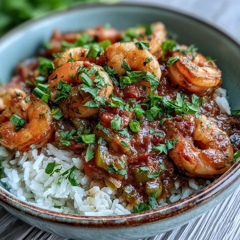 Eine dampfende Schüssel Klassisches New Orleans Étouffée mit saftigen Garnelen in einer würzigen, dunklen Sauce.