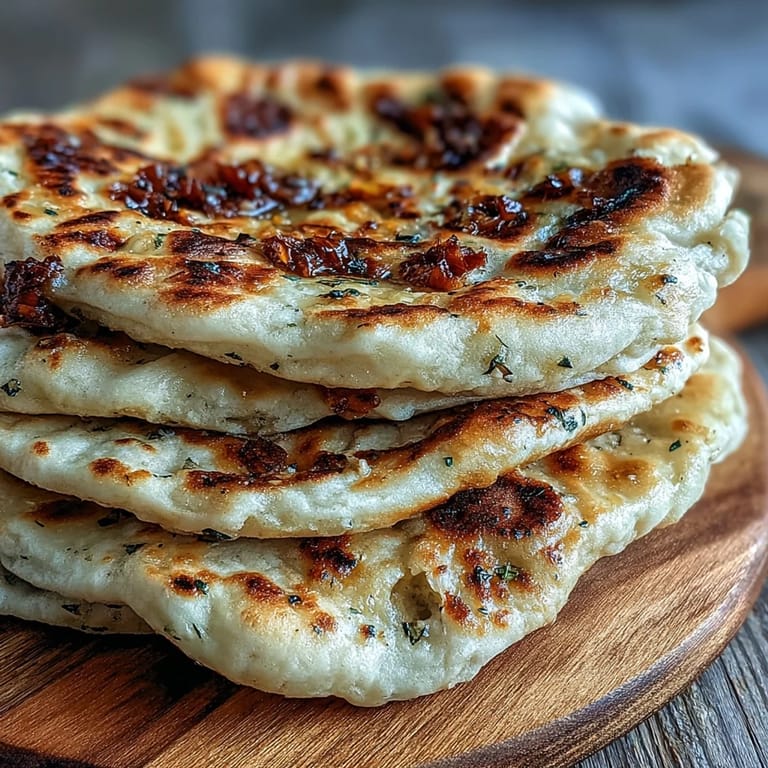 Freshly baked The Best Easy Garlic Naan Bread served warm with a side of creamy curry on a rustic table.
