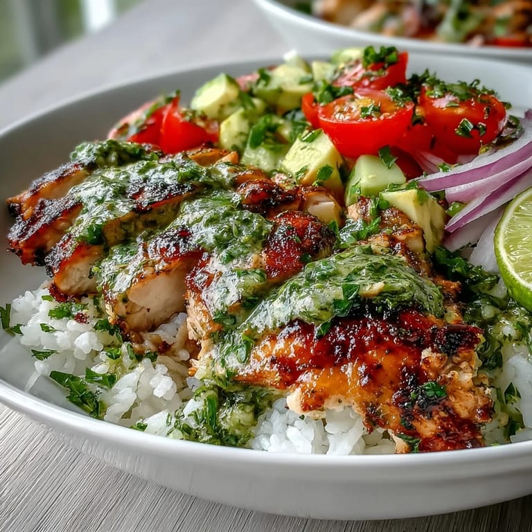 Chimichurri Chicken Bowl with juicy herb-marinated chicken and fluffy rice, garnished with lime wedges.