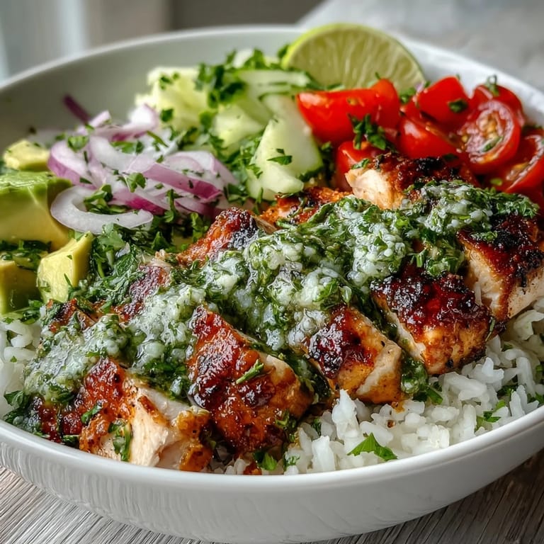 Colorful Latin-inspired bowl of chimichurri chicken, vegetables, and rice, drizzled with zesty green sauce.