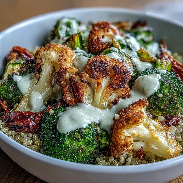 Nahrhafte Roasted Brassica Bowl: geröstete Brokkoli-Röschen, Blumenkohlfloretts und Rosenkohl-Hälften auf warmen Körnern, übergossen mit Tahini-Dressing