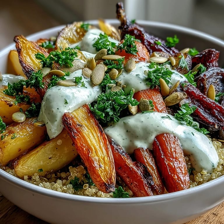 Genieße die nahrhafte Roasted Root Vegetable Bowl mit würzigen Rüben und Karotten auf fluffigem Quinoa, getoppt mit Tahini-Glasur.
