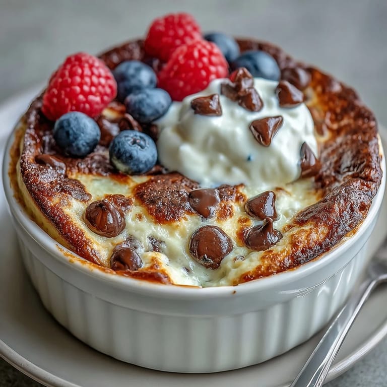 Einzelporsi: Einfaches, schnelles Rezept für ein gebackenes Protein Pancake Bowl ohne Banane, perfekt zum Frühstück.