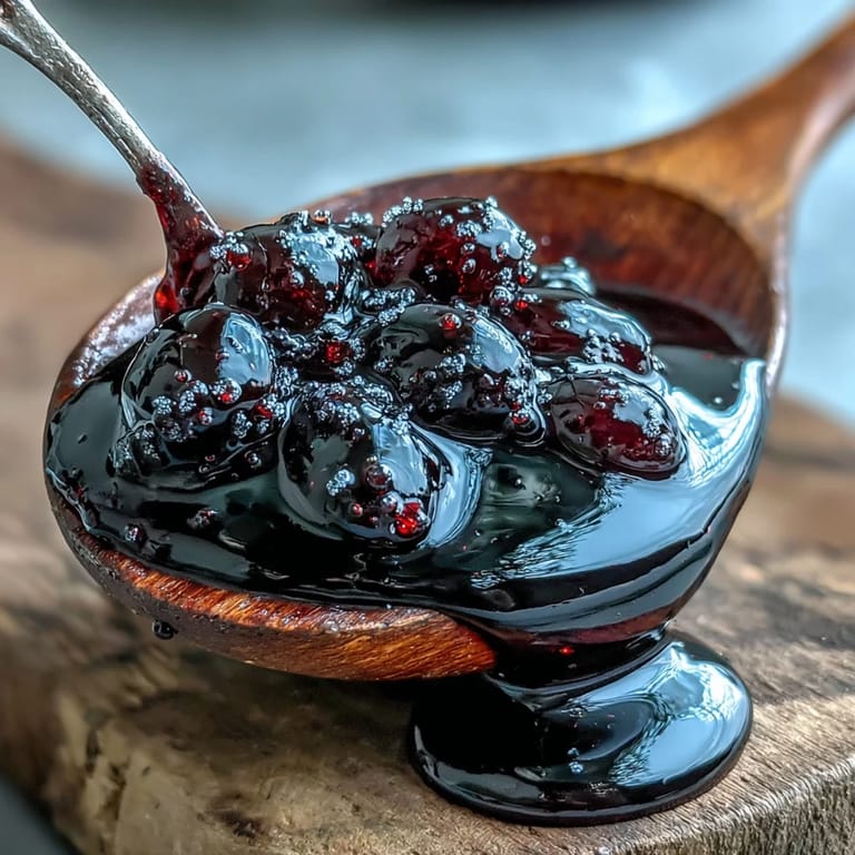 A pot of simmering black currant syrup over a stove, its rich violet color bubbling gently as a wooden spoon stirs the vibrant, fruity mixture.