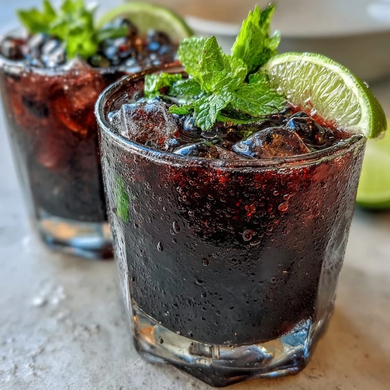 Ein erfrischender Schwarze Johannisbeer Mojito mit cremigem Eis, Minzblättern und Limetteneinsatz für eine perfekte Sommerparty.