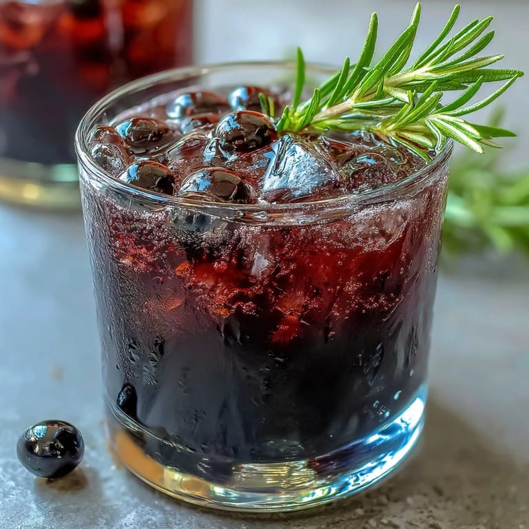 Ein erfrischender Black Currant Rosemary Cocktail in einem gekühlten Römerglas mit klarem Eis und einem duftenden Rosmarinzweig.
