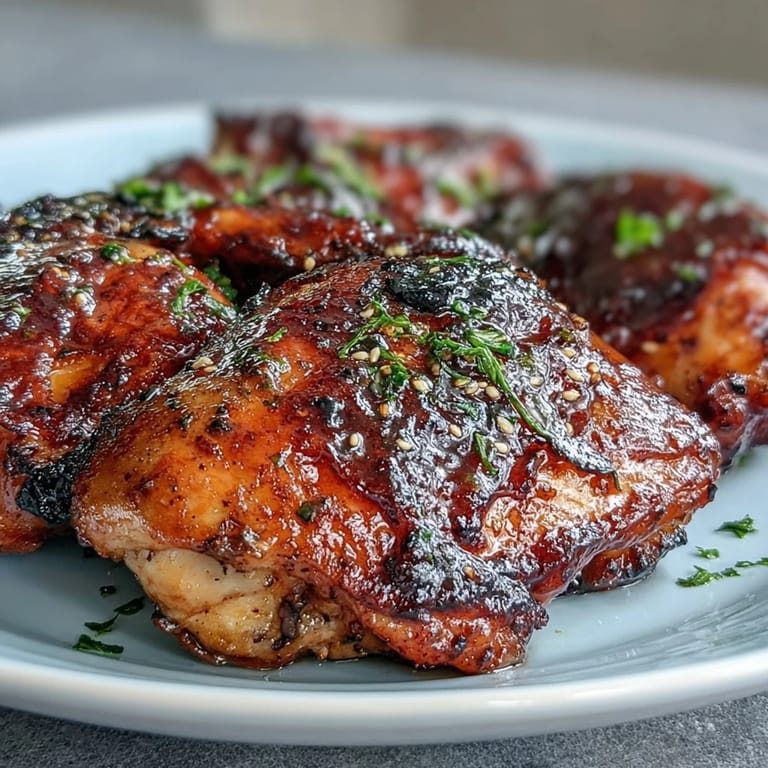 Knusprige, goldbraune Hähnchenschenkel aus dem Ofen mit aromatischer Honig-Knoblauch-Glasur und frischen Kräutern.