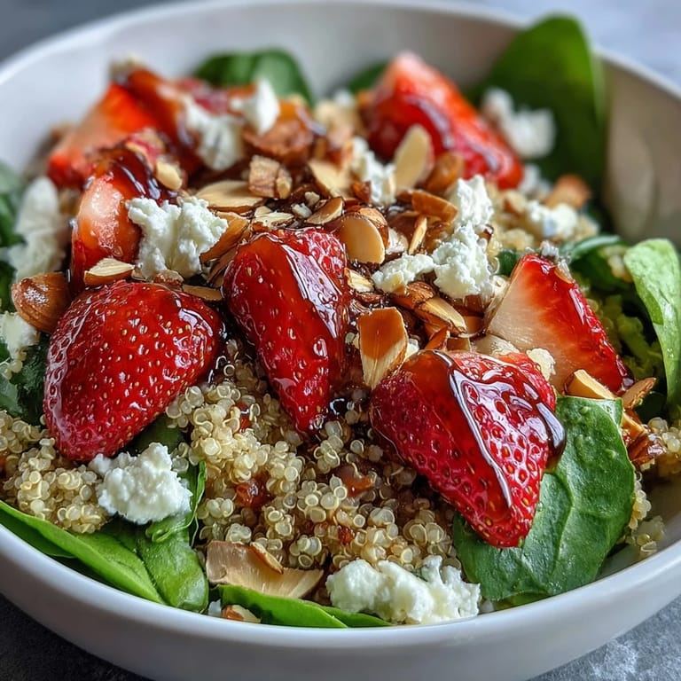 Bunter Salat aus Erdbeeren, Feta, Quinoa und Spinat, mit Balsamico-Vinaigrette beträufelt.