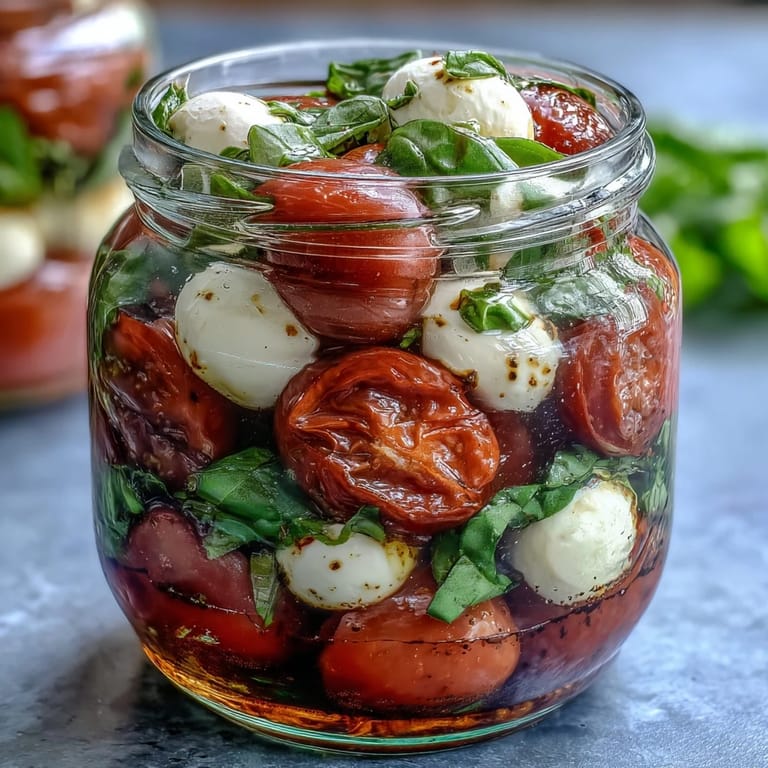 3. Gesunder Mason Jar Caprese Salat mit Balsamico-Dressing, frischen Kräutern und Mozzarella, ideal für schnelle Mahlzeiten.