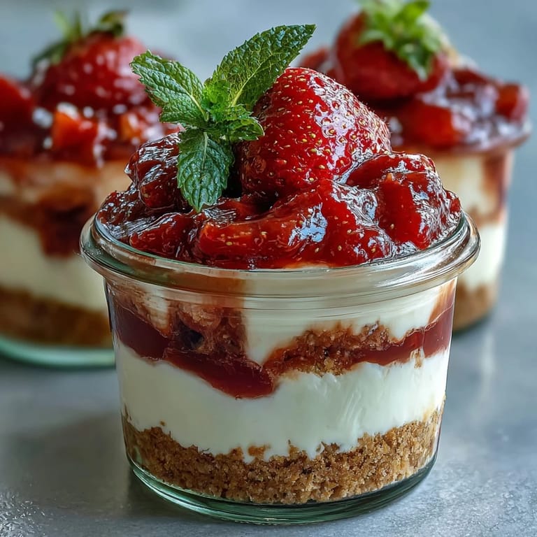 Einzelne Gläser mit Schichten aus Keksboden, cremiger Cheesecake-Masse und leuchtend roter Erdbeersauce, garniert mit frischen Früchten.