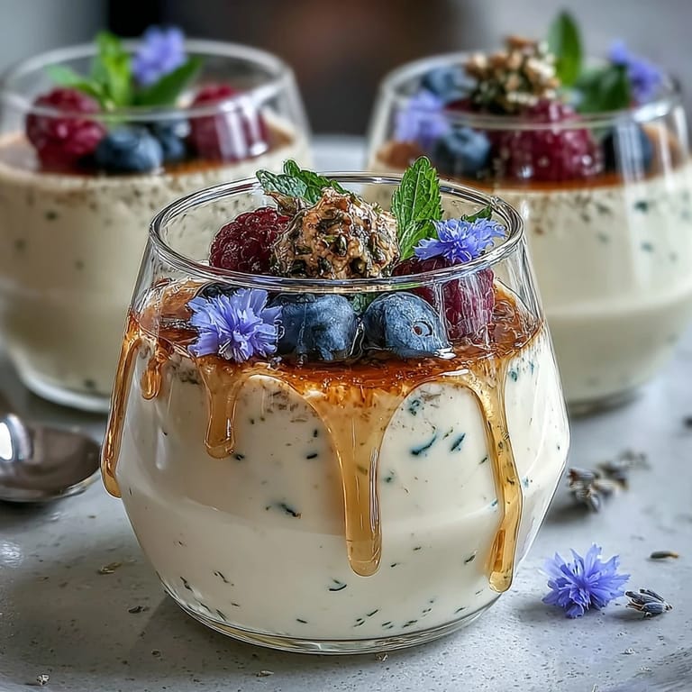Honig-Lavendel-Panna Cotta mit goldener Honig-Drizzle und essbaren Blüten