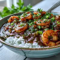 Klassisches New Orleans Étouffée garniert mit frischen grünen Zwiebeln und Petersilie auf einem Haufen weißem Reis.