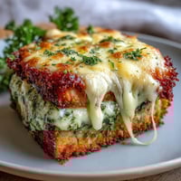 Golden-brown breaded chicken breasts topped with marinara sauce, Pesto Chicken Parmesan, and melted mozzarella.