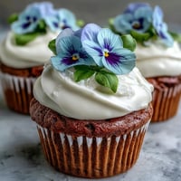 Zarte Vanille Cupcakes mit heller Buttercreme und bunten essbaren Frühlingsblüten, ein wunderschönes und köstliches Dessert für jeden Anlass.