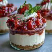 Keine Back-Strawberry-Cheesecake-Gläser mit cremiger Füllung und frischer Erdbeersauce in durchsichtigen Gläsern.