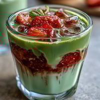 Strawberry Matcha Latte mit Hafermilch in zwei Gläsern mit roten Erdbeerschichten und grünem Matcha obenauf.