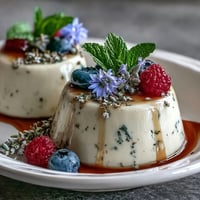 Zarte Honig-Lavendel-Panna Cotta mit glänzender Oberfläche und frischen Beeren